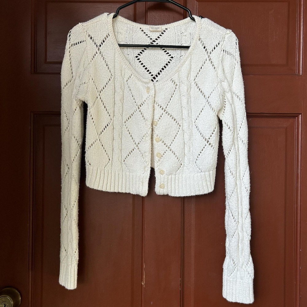 John Galt Cropped White Knit Button Front Cardigan Sweater